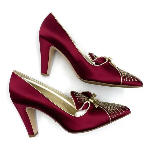 Sarah Flint Perfect Madeleine 85 Pumps Red Pointed Gold Bow Beaded Sz 41 / 10 US - Picture 7 of 11